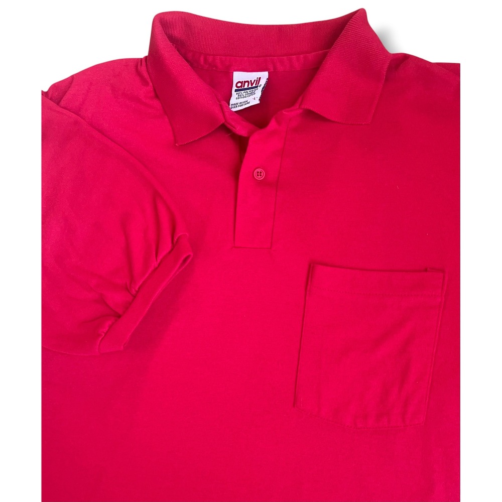 Vintage Anvil Red Polo Shirt Mens Large Single Stitch Made in USA Selvage Pocket